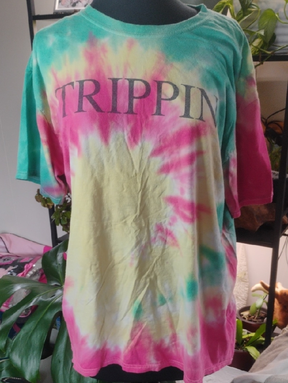 Unisex Cotton Trippin Tie-Dye Graphic Tee - Pink, Green, Yellow